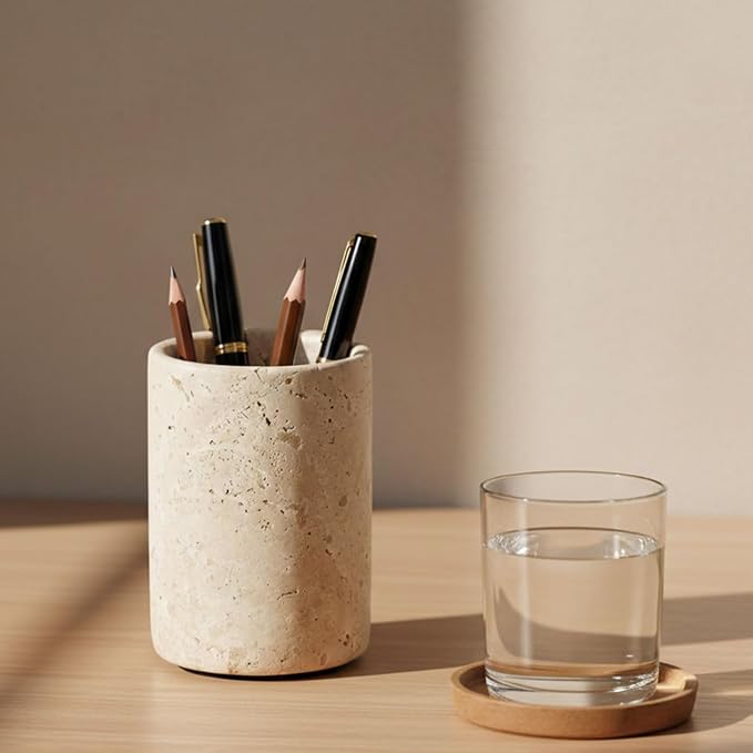 Radicaln Marble Pen Holder For Desk 4" Inches Travertine Handmade Pencil Holder & Pen Holder for Home & Office Desktop Organizer, Ideal Marble Toothbrush Holder