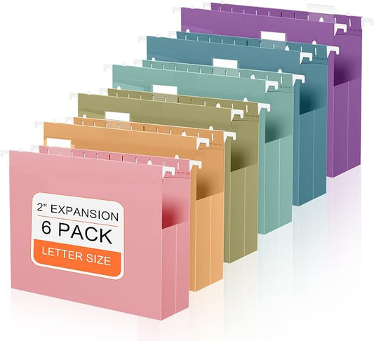 6 Pack Hanging File Folders Letter Size, 2" Pastel Expanding Pocket | 1/5-Cut Adjustable Tabs, Plastic Hang Folders, Heavy Duty for Filing Cabinet for Home Office, School Classroom