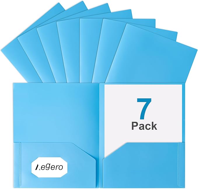 Aegero Plastic Folders with Pockets (7 Pack, SkyBlue), Durable Heavy Duty File Folders with Business Card Slot, 2-Pocket Folder for Schoolwork & Office,Letter Size