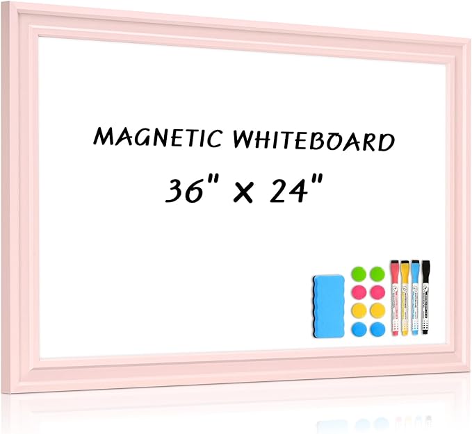 Large White Board for Wall, 36'' x 24'' Magnetic Dry Erase Board, Decorative Whiteboard with Pink Wooden Frame, Hanging Writing Board for Home Office School Dorm
