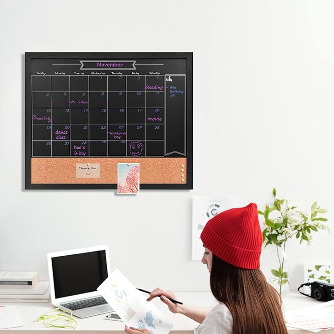 TORASO Magnetic Chalkboard Calendar Corkboard, 18" x 22" Combination Chalk Board Bulletin Board, Walnut Brown Framed Blackboard Calendar Cork Combo Board(ZHHB-BN-4555)
