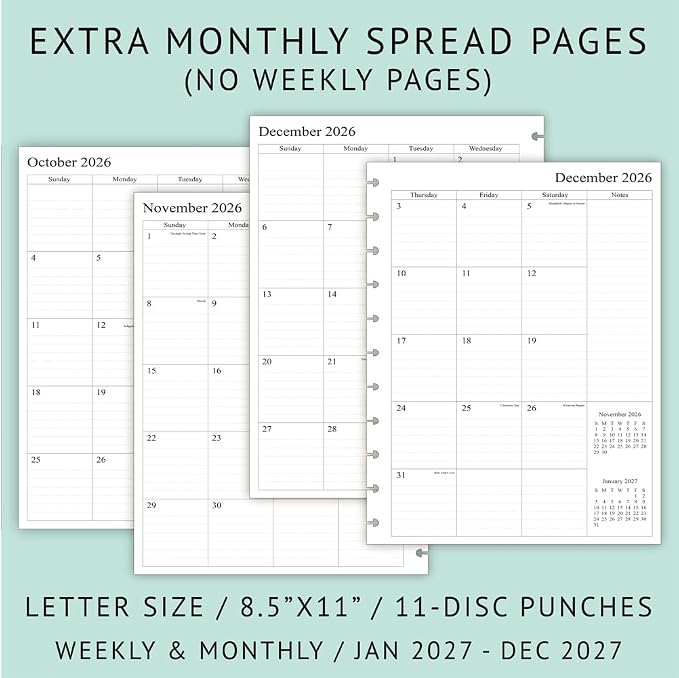 2027 Weekly Planner Refills for 11-Discbound Notebooks, Monthly Tabs, 11-Disc Punches, Letter Size, 8-1/2" x 11"