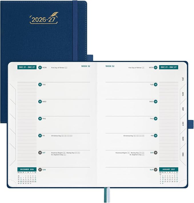 BEZEND Weekly Planner 2026-2027 (6" x 8.5") 2-Column Dual Schedule for Work/School/Home or 2 Person (Jul 26-Dec 27) 18 Months Academic Calendar with Tabs, PU Leather Hardcover -Prussian Blue