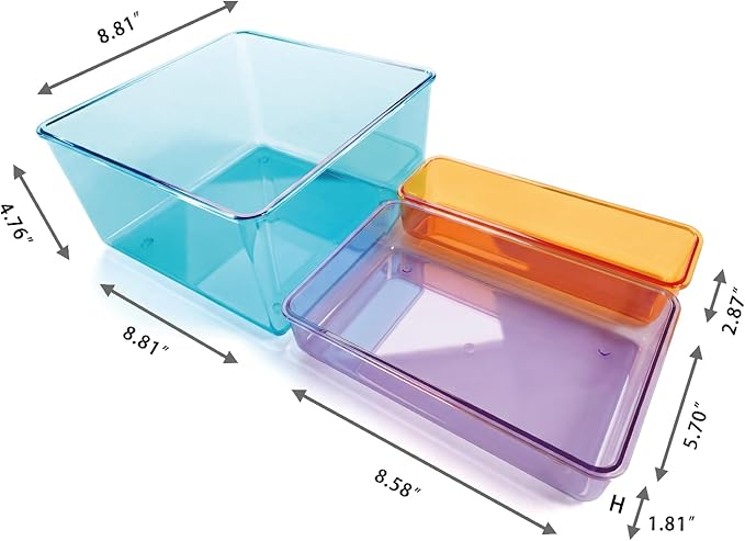 MOSSRIVER 3 Pack Clear Drawer Organizer Set, Plastic Desk Organizer Bin with Lid & Trays, Colorful Storage Box with Removable Trays for Cosmetics, Jewelry, Bedroom, Bathroom, Office, Combo 01