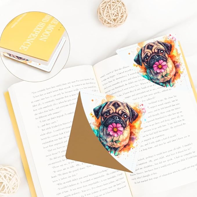 2PCS PU Leather Bookmarks 3.5x3.5 Inch Pug Flower Design | PU leather bookmarks with pug flower design for novels, journals, study notes, dog lovers, students and book fans