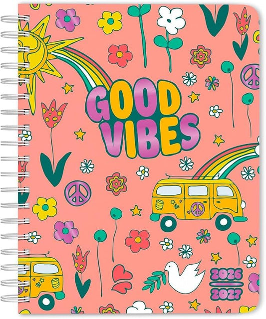 Good Vibes | 2027 6 x 7.75 Inch 18 Months Weekly Desk Planner | Foil Stamped Cover | July 2026 - December 2027 | Plato | Planning Stationery