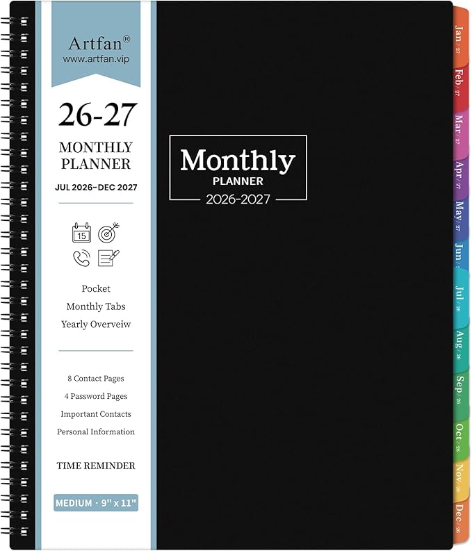 Monthly Planner 2026-2027 - JUL. 2026 - DEC. 2027, Planner 2026-2027 with Colorful Tabs, 8.5" x 11", 26-27 Monthly Planner/Calendar with Pocket, Thick Paper, Twin-Wire Binding - Black