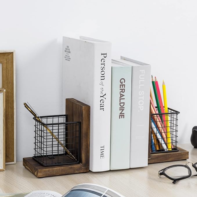 MyGift Book Ends for Desk, Decorative Farmhouse Bookends for Heavy Books with Pen Holders, Office Supplies Storage Baskets, Rustic Burnt Wood and Matte Black Metal Wire Basket, 1-Pair