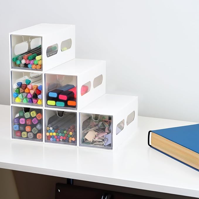 ZEXALOR Drawer Organizer Desktop Office Supplies Desk Organizer and Storage Stationary Make Up Jewelry Pen Storage Drawer, Clear Accessories Makeup Organizer Countertop Storage (White, 6 Pack)