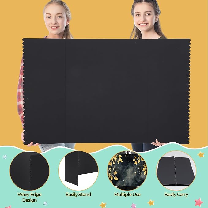 Mooliwe 4 Pack 48" X 36" Black White Trifold Poster Board, Large Tri Fold Boards Foldable Corrugated Presentation Display Scalloped Border for Science Fair, School Projects, Graduation Photo Display