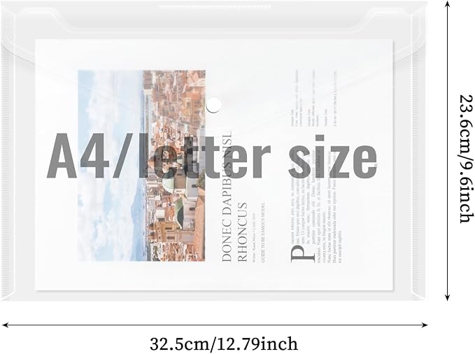 EOOUT 50pcs Plastic Envelopes with Button Snap Closure, Clear Poly Folders for Documents, Waterproof Plastic File Folder, Letter Size, A4 Size, for School and Office Supplies