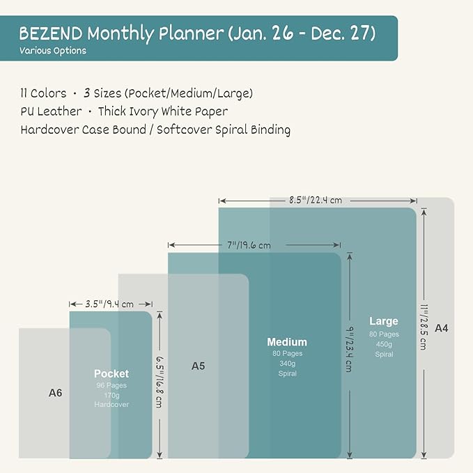 BEZEND Pocket Monthly Planner 2026-2027 (3.5" x 6.5") 2 Year Calendar Book for Purse with Note Pages, 100 GSM Paper, Inner Pocket, Pen Holder, Vegan Leather Hardcover in Turquoise