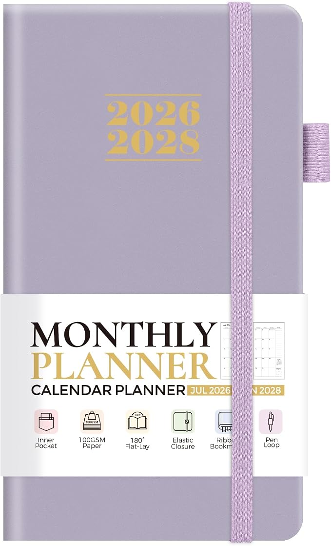 KONVINIT Pocket Calendar 2026-2028, 24-Month Pocket Calendar 2027 Planner Runs from July.2026 Until June.2028, Purple PU Monthly Planner with Inner Pocket, Pen Loop, Elastic Closure for School & Office Supplies, 3.54”×6.69”