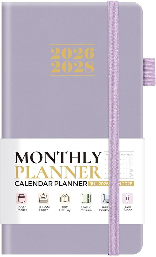KONVINIT Pocket Calendar 2026-2028, 24-Month Pocket Calendar 2027 Planner Runs from July.2026 Until June.2028, Purple PU Monthly Planner with Inner Pocket, Pen Loop, Elastic Closure for School & Office Supplies, 3.54”×6.69”