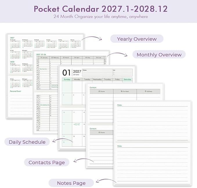Pocket Calendar 2027-2028 for Purse, Small Pocket Planner 2027-2028 for Purse 3.5×6.5In,24 Month Organizer from Jan 2027- December 2028 Mini Planner with Pvc Cover for Organizing & Planning