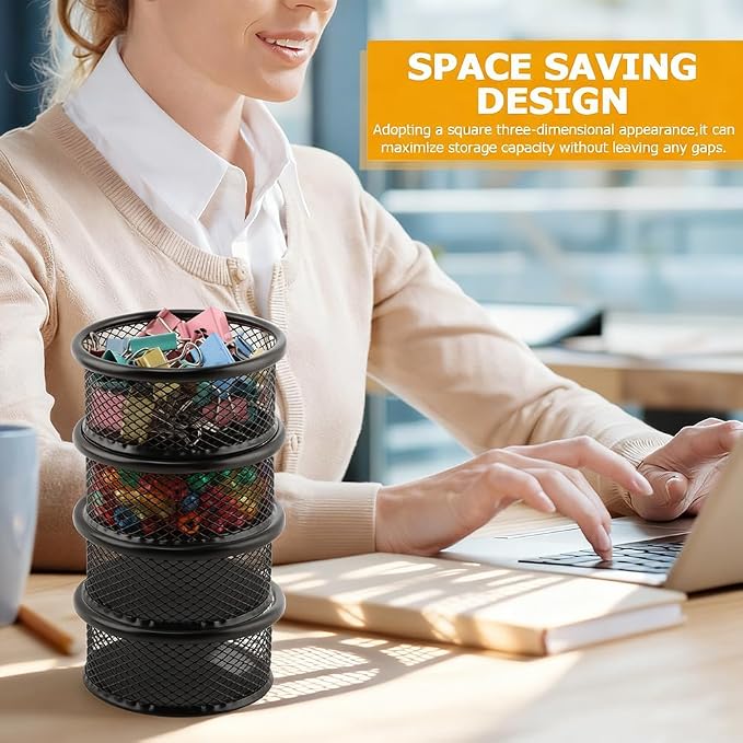 Paper Clip Holder, Stackable Mesh Desk Organizer, 4 Pack Black Metal Dispenser Organizer Box for Desk Office Binder Supplies & Small Accessories(SIZE:Round)