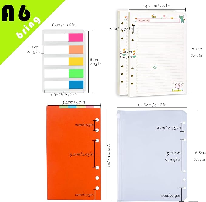 Rancco A6 Planner Inserts to Do List, 90 Pages Colorful 6-Ring Loose-leaf Planner Refills w/Binder Divider, Zipper Pouch, Ruler, Index Tab for Personal Journal, Filofax, Double-sided,Undated,6.9x3.7"