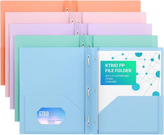 KTRIO 5 Pack Plastic Pocket Folders, 3 Prong, Letter Size, 5 Pastel Colors | 3 Prong Fasteners, 2 Pocket Storage, Business Card Slot, Water-Resistant PP, School Office Use