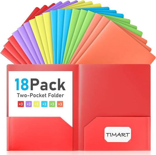 Timart Folders with Pockets-18 Pack, 2 Pocket Folders Fit Letter Size Paper, Plastic File Folders for Documents School Office Home Bussiness