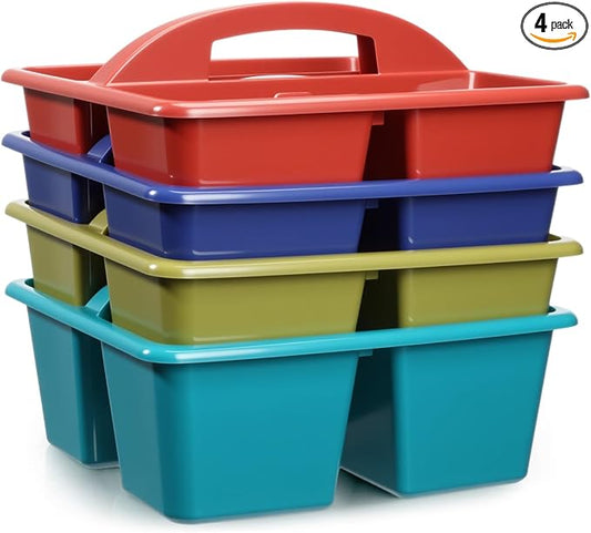 Kathfly 4 Pack Classroom Caddy Organizer with Handle, Plastic Art Craft Cleaning Caddy Bulk, Small Multipurpose Supply Organization Storage Basket for Table Desk Office Pencil Teacher (Deep Color)