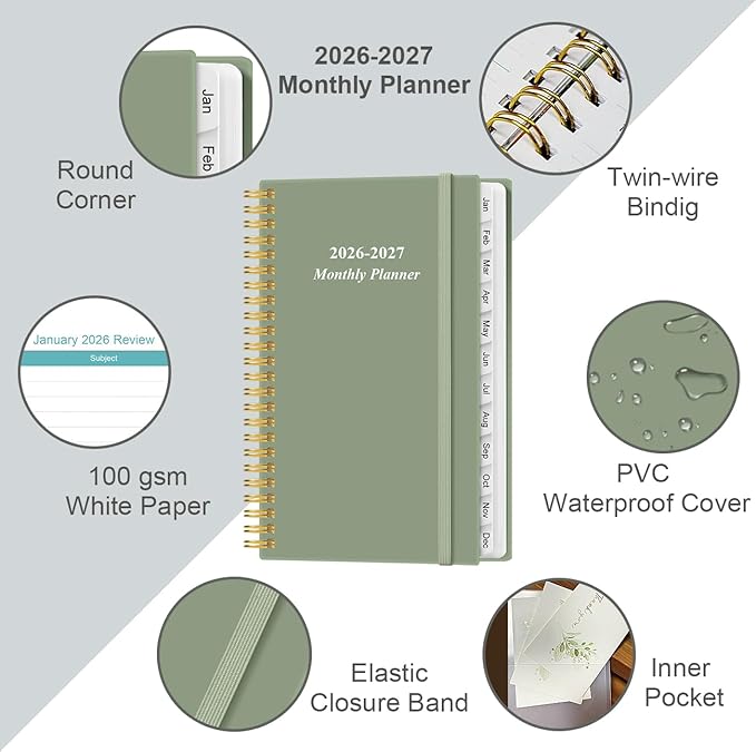 2026-2027 Monthly Planner - January 2026 - June 2027, Two Pages Per Month, 18 Monthly Calendar/Planner with Tabs, Strong Twin-Wire Binding, Inner Pocket, 3.75" x 6.5", Green
