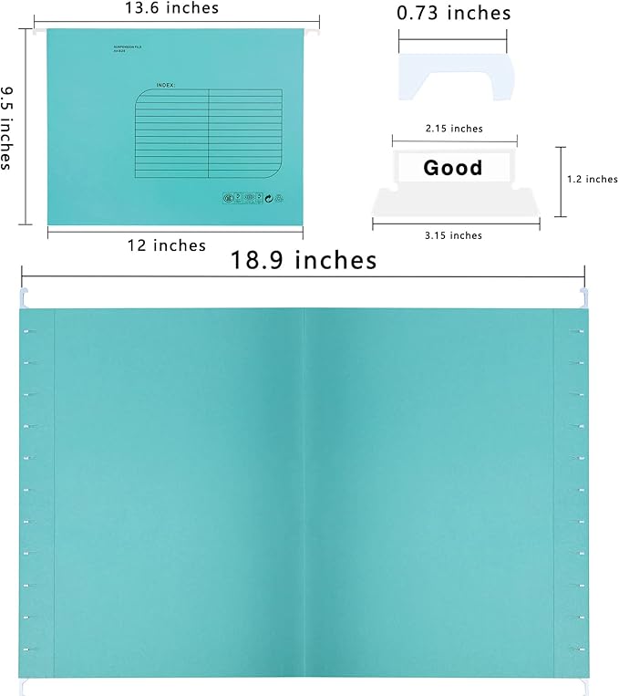 Hanging File Folder, A4 Suspension Files Holder, Hang Folder, Filing Cabinet Suspension File with Tab and Label for School Home Office, Blue, 25 Pack