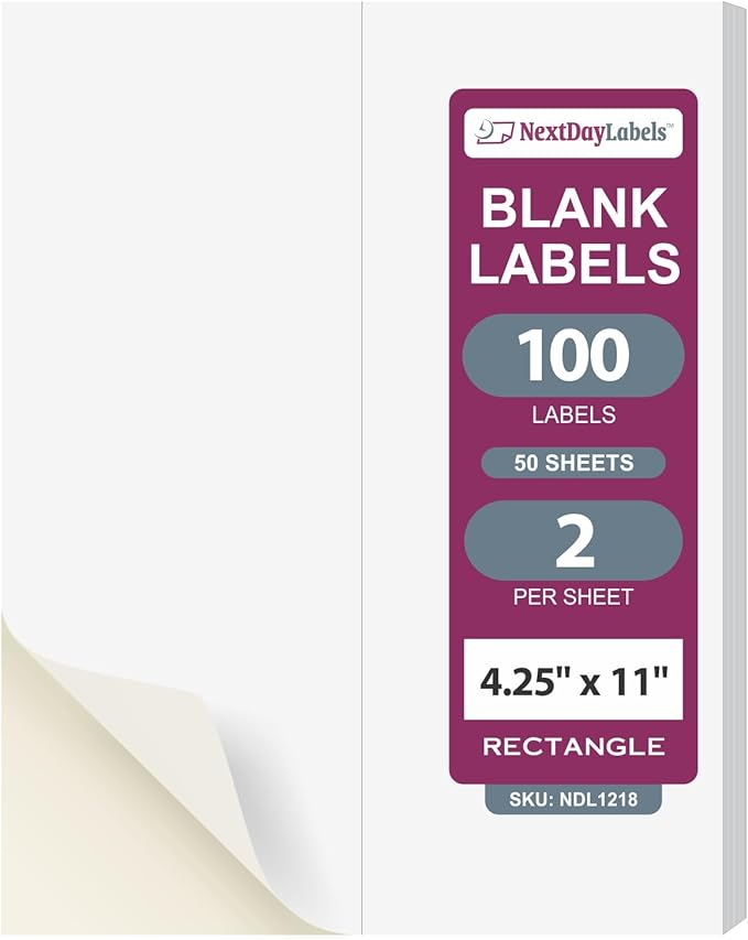 NextDayLabels 4.25x11 Inch Rectangle Stickers White Blank Labels for Laser Inkjet Printer - 2 Per Sheet Self-Adhesive Shipping Packaging Product Made in USA - 100 Labels