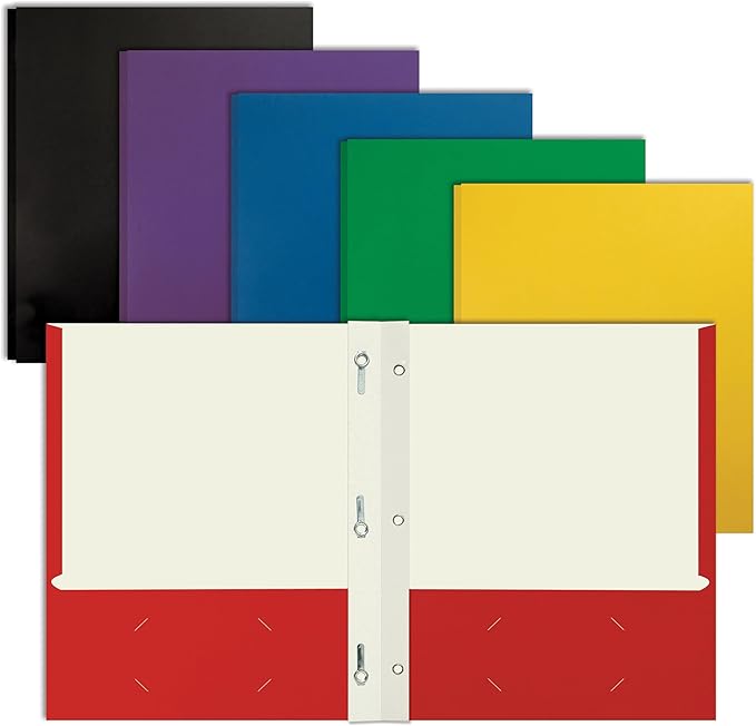 Better Office Products Letter Size Paper Portfolios, Case of 100, Assorted Primary Colors, with Fasteners (Assorted, 2 Pocket Paper Folders)