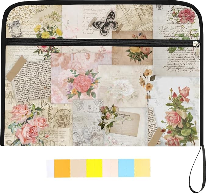 WEBEEDY Vintage Flower Expanding File Folder with 13 Pockets, Labels and Zipper, Retro Poster Collage Prints Accordion File Organizer Portable Document Organiser for A4 Paper Receipt Paperwork Office