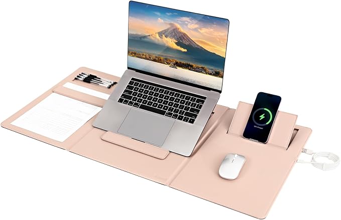 4-in-1 Laptop Stand for Desk Built-in Wireless Charging Pad, 15W, Qi-Certified, PU Leather Wireless Charging Mouse Pad, Laptop Holder on Top of Desks for Office