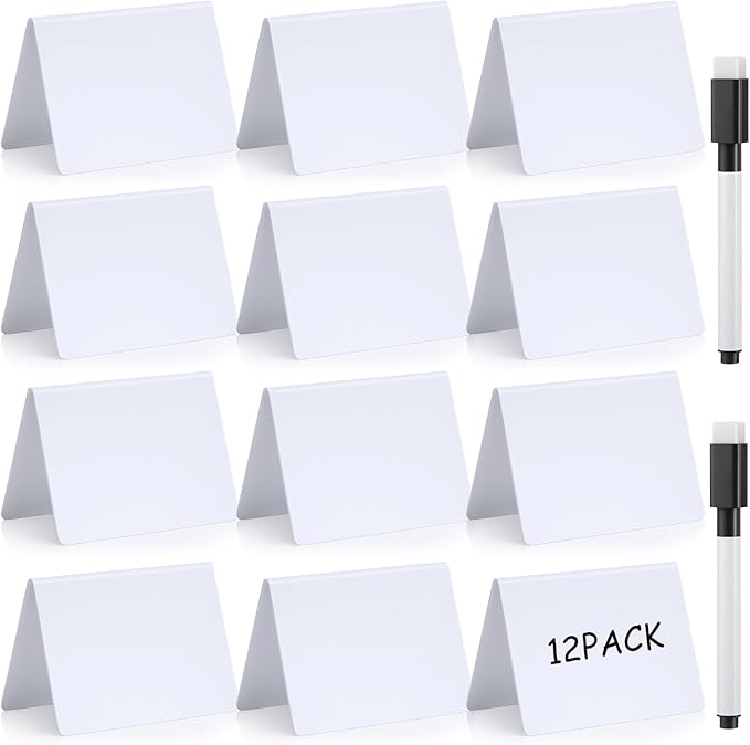 Outus 12 Pcs 4 x 3 Inches Buffet Food Labels Mini Small Chalkboard Signs White Acrylic Food Markers Little Price Signs with 2 Pcs Erasable Marker for Wedding Birthday Bakery Table Display