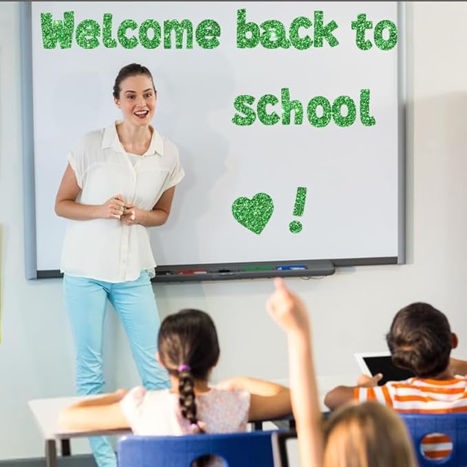 225Pcs Glitter Bulletin Board 4inch Letters with Adhesive Dots Punctuation Symbols Cutout for Classroom Numbers Alphabet School Display Decorating Supplies (Green)