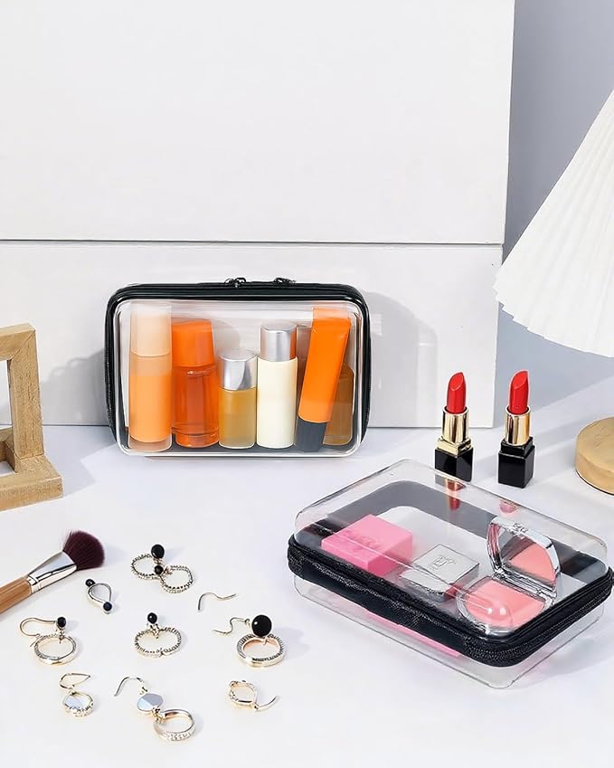 2 Pack Clear Hard Shell Zipper Case, Clear Storage Box With Zipper For Travel & Home, Hard Plastic Organizer Pouches For Cosmetics, Toys, And Office Supplies (Black, Small)