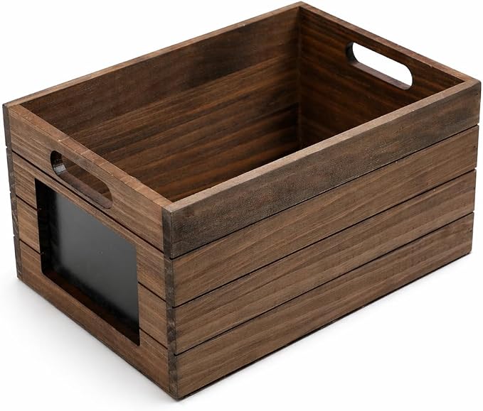 Wooden Storage Crate with Chalkboard Label – Rustic Organizer Box for Home, Office, Closet, Pantry Shelf, Decorative Storage Bin with Handles