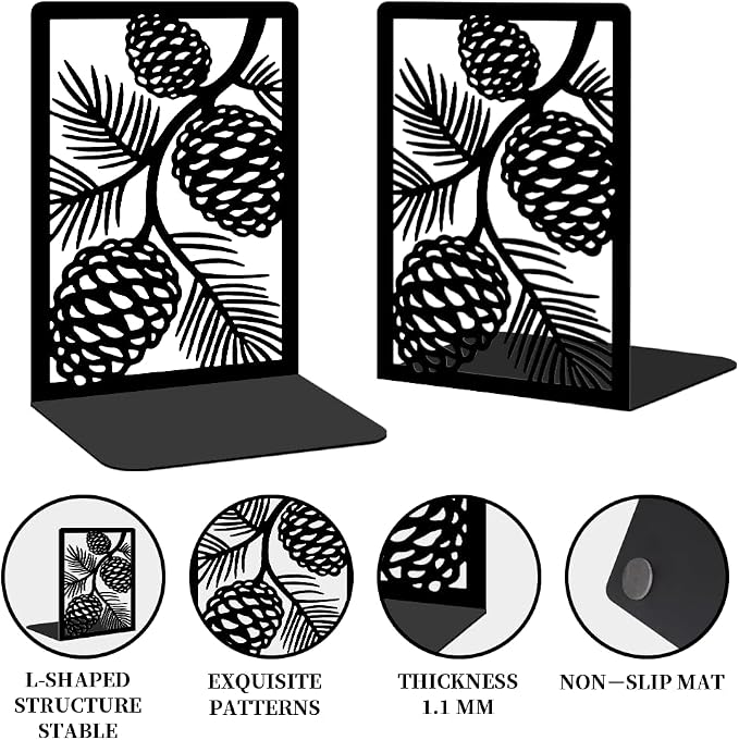 2 Pcs Decorative Metal Bookends, Pinecone Design Book Ends for Shelves Black Heavy Duty Book Stopper Suitable for Home Office School