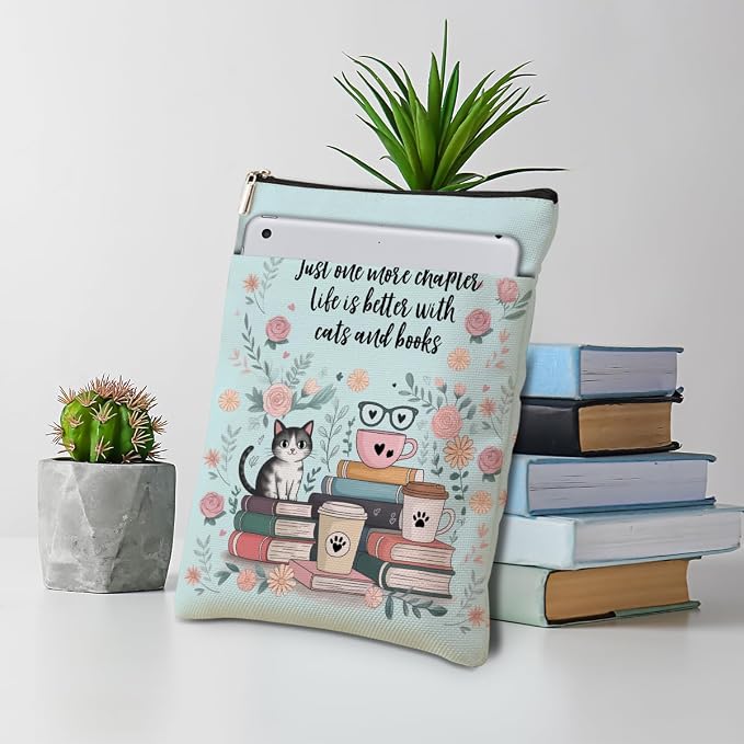 Floral Cute Cat Book Sleeve, Book Lovers Gifts Sleeve with Zipper & Front Pocket, 11.4x8.8 Inch Canvas Books Cover Protector Bookish Gift for Readers Librarian Women Teacher, Cat Lover Gifts for Women