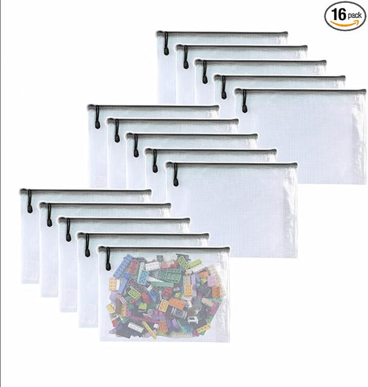Oaimyy-16PCS-Mesh Zipper Pouch, Plastic Zip File Folders Puzzle Bags for Organizing,Office Supplies,Travel,Home Storage-Black (Black, 11"x 14")