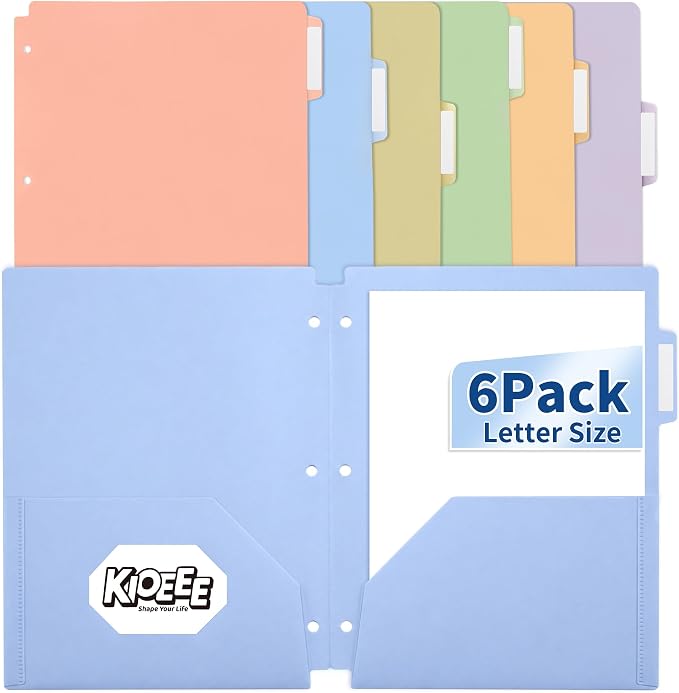 Plastic Folders with Pockets, 3 Hole Punched for 3 Ring Binder, 6 Pack Pastel File Folders, 1/3 Cut Index Tabs for Quick Find, Heavy Duty File Folders, Letter Size for School