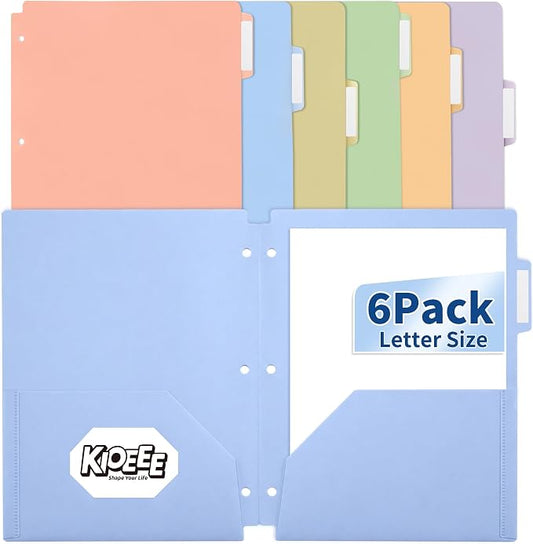 Plastic Folders with Pockets, 3 Hole Punched for 3 Ring Binder, 6 Pack Pastel File Folders, 1/3 Cut Index Tabs for Quick Find, Heavy Duty File Folders, Letter Size for School