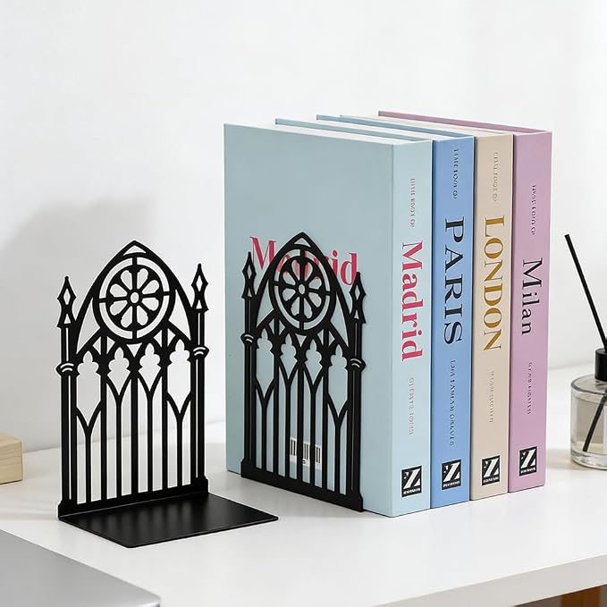 Book Ends, Bookends, Book Ends for Shelves, 2Pair Non Skid Metal Book Divider Decorative Holder, Abstract Art Desgin Book Stopper Supports for Office, Home (Gothic Gate A)