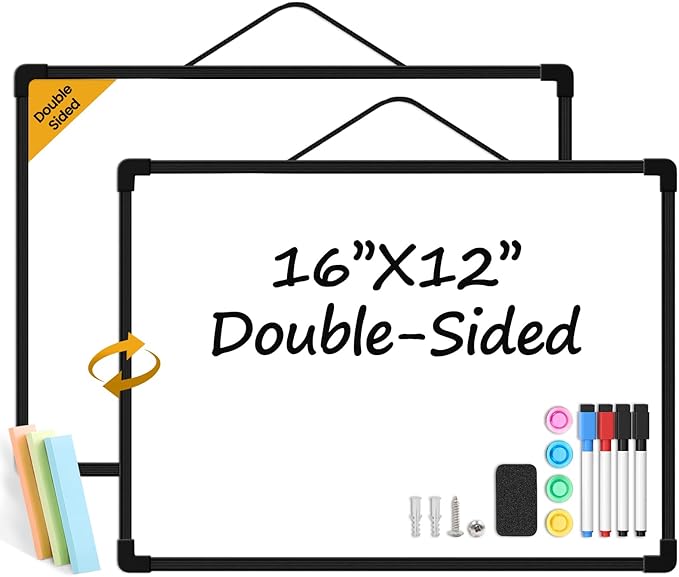 Black Frame Small Dry Erase Board for Wall, 16" x 12" Double-Sided Hanging Whiteboard with 4 Markers, 4 Magnets and 3 Mini Sticky Notes, Portable Whiteboard for Home, Office, School