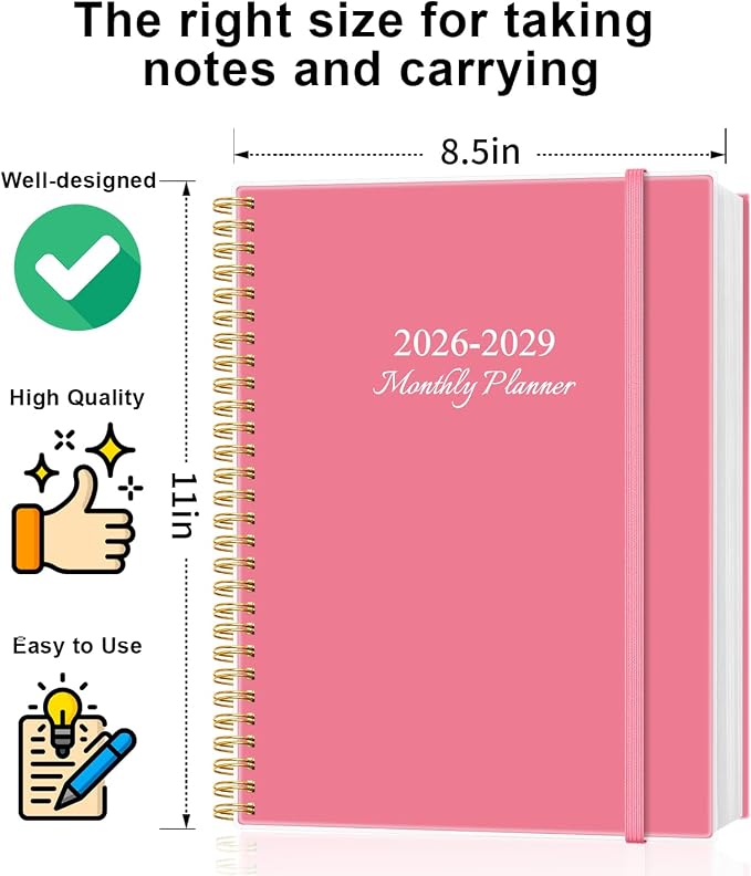 2026-2029 Monthly Planner, 3 Years Calendar from July 2026 - June 2029 with Spiral Binding, Inner Pocket, Elastic Closure, 33 Month Planner for Home | School | Office, 8.5" x 11", Pink