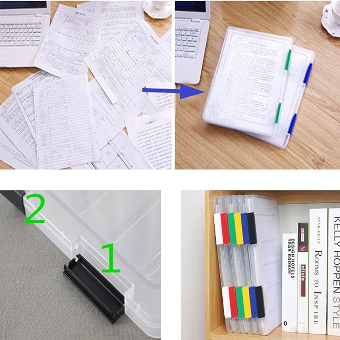 Marte Vanci 4 Pack Clear File Box with 2 Buckles Plastic Storage Box for A4 Paper, Portable Project Case for Documents, Magazines Paper Protector Black+Blue+(Green or White)+Red