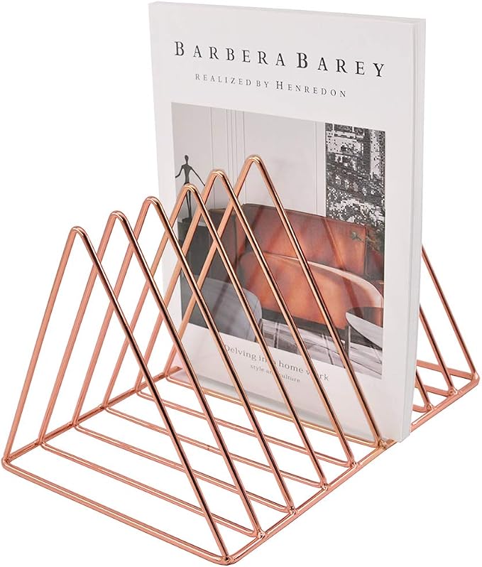 EASEPRES 9 Slot Magazine Rack Book Record Holder, Desktop Iron Storage Rack Bookshelf Multifunction Triangle File Organizer Sorter for Decor Home Office, Rose Gold Pack of 2