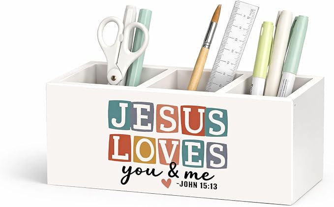 Jesus Loves You & Me Wooden Desk Organizer | Christian Faith Pen Pencil Holder, 3-Compartment Decorative Office Supply Storage Box for Desk, Home Office