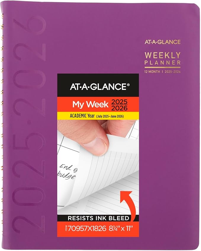 AT-A-GLANCE Planner 2025-2026 Academic, Weekly & Monthly, Half-Hourly Appointment Book, 8-1/4" x 11", Large, Monthly Tabs, Flexible Cover, Contemporary, Purple (70957X18)