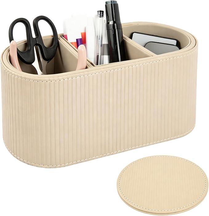 3 Compartments PU Leather Remote Control Holder, Multifunctional Desk Organizer for TV Remotes, Pens, and Accessories, Bedside and Tabletop Storage, Beige