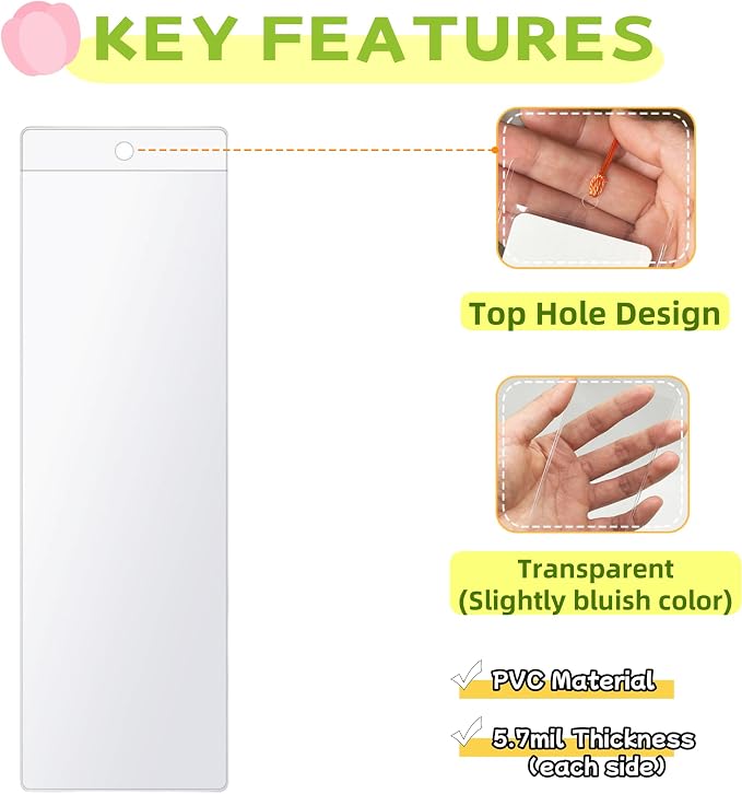 50 Pcs Small Clear PVC Sleeves 1.77 x 5.7 inch Blank Plastic Bookmark Holder Package with Hang Hole Reusable Photo Booth Pictures Frames Cover Pen Jewelry Pouches for Offices Wedding Gift Party