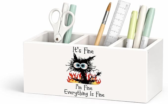 Funny Cat Pen Holder, Inch Desk Organizer, “It’s Fine, I’m Fine” Cat Illustration, Cute Desk Storage for Pens, Pencils, Scissors – Unique Gift for Cat Lovers, Teens, Students