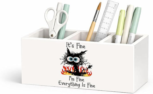 Funny Cat Pen Holder, Inch Desk Organizer, “It’s Fine, I’m Fine” Cat Illustration, Cute Desk Storage for Pens, Pencils, Scissors – Unique Gift for Cat Lovers, Teens, Students